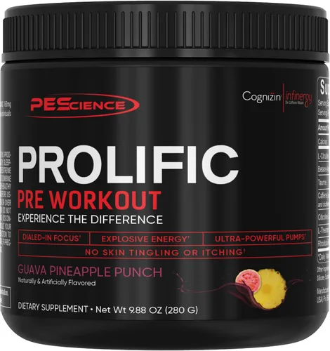 Vista 13 de PEScience - Suplemento energético Prolific en polvo con óxido nítrico para el pre entrenamiento, 40 cucharadas Energía y bomba, L citrulina