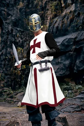 Vista 4 de Enjoybuy Túnica medieval para hombre, disfraz de caballeros templarios de los cruzados, renacentista, Halloween, guerrero, capa negra de la peste