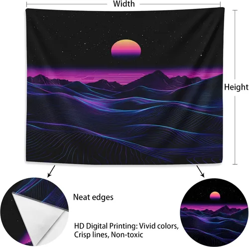 Vista 5 de Zpryzmia Blacklight Retro Synthwave Tapestry, Abstract Sun Lines Mountain Tapestry Glow In the Dark Wall Hanging, UV Reactive Neon Punk Tapestries