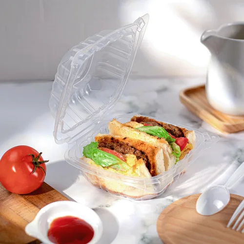 Vista 2 de Contenedores de Comida para Llevar Karat Clamshell [6"x6" - 300 unidades] Duraderos, Aptos para Microondas, Apilables, Resistentes a Roturas, Cajas