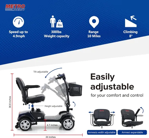 Vista 3 de Scooter eléctrico de movilidad de 4 ruedas - Scooter plegable de movilidad con batería para personas mayores, adultos, color azul