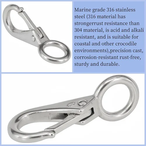 Vista 2 de Stainless Steel 316 Spring Snap Hook – Fixed Eye Clip for Boat, Flag Pole, Keychain, Car Keys Rustproof Snap Shackle with High-Strength Locking