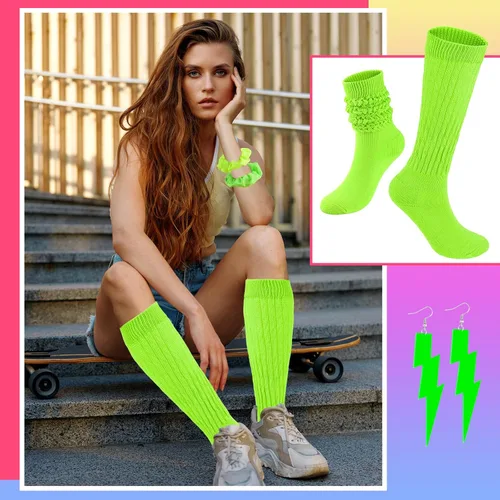 Vista 7 de Calcetines holgados de neón para mujer, calcetines altos hasta la rodilla de los años 80 y 90 con aretes de neón y coleteros para fiesta de los años