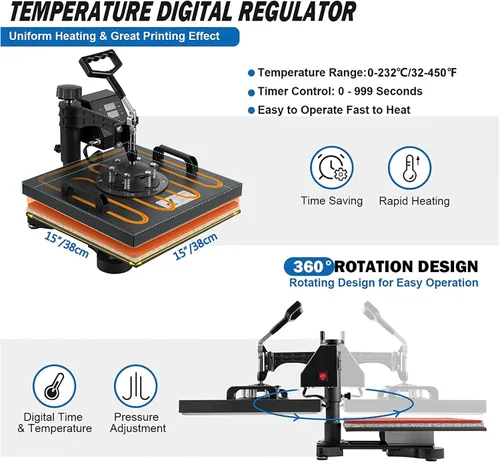 Vista 4 de Máquina de prensa de calor 8 en 1 de 15.0 x 15.0 in/15 x 15 pulgadas, máquina digital de prensado de camisetas con oscilación de 360°, impresora