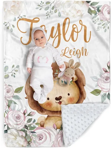 Vista 28 de Manta de bebé personalizada, manta de felpa suave con respaldo de puntos de doble capa para niños y niñas, nombre personalizado con diseño de animal