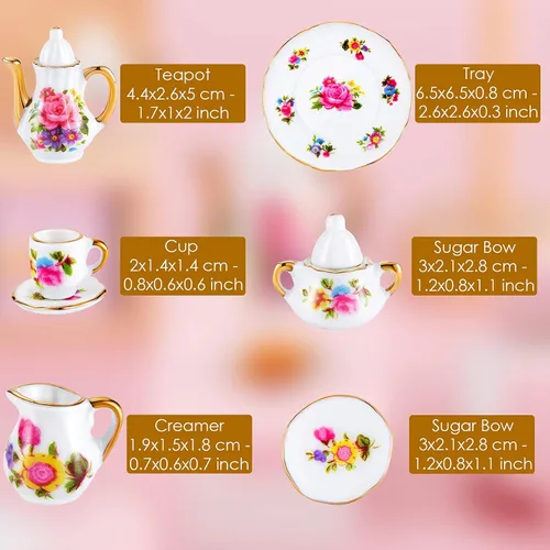Vista 6 de Skylety Juego de tazas de té para casa de muñecas 1:12, accesorios de porcelana en miniatura, 8 piezas de porcelana en miniatura, diseño de flores