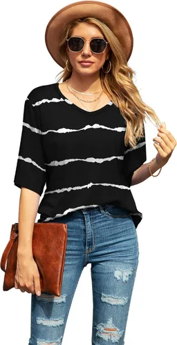 Vista 2 de SUEANI - Camiseta de cuello en V para mujer, diseño holgado con manga 34 acampanada