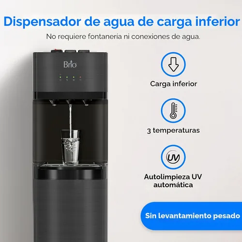 Vista 2 de Brio Dispensador de agua de carga inferior autolimpiante, acero inoxidable negro, 3 ajustes de temperatura, agua caliente, habitación y fría