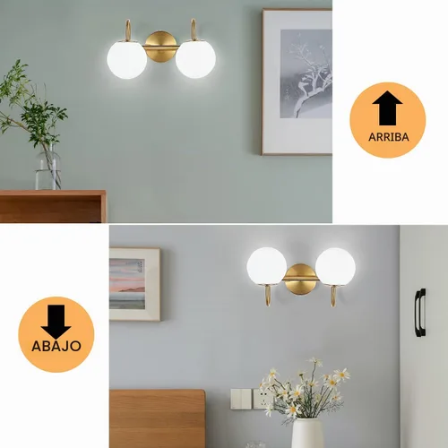 Vista 5 de Luminarias Modernas de Tocador de Baño 2 Luces Latón Cepillado Pantalla de Vidrio Globo Blanco Leche Aplique de Pared Moderno Tipo Barra Iluminación
