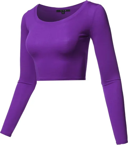 Vista 2 de Camiseta elástica en color liso de manga larga, con cuello redondo, para mujer