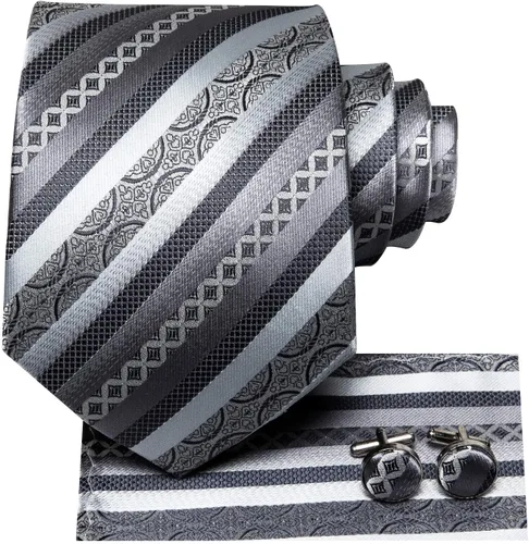 Vista 112 de Hi-Tie Corbatas de seda para hombre, diseño de cachemira a rayas, con bolsillo, gemelos cuadrados, conjunto formal de negocios