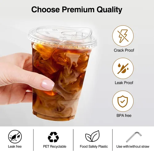 Vista 3 de Paquete de 100 vasos de plástico transparente de 20 onzas con tapas y pajitas, tazas de café helado resistentes y seguras para alimentos con tapas