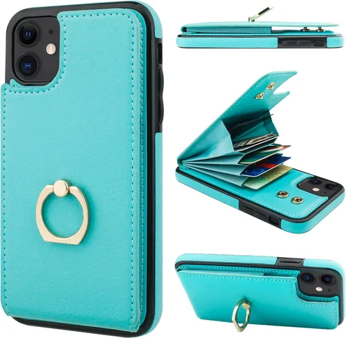 Vista 12 de Folosu Funda compatible con iPhone 11, cartera con tarjetero y rotación de 360°, soporte de anillo de dedo con función atril, bloqueo RFID, piel