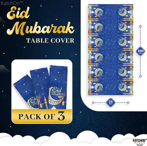 Vista 2 de KatchOn, Blue Eid Mubarak Mantel de 108 x 54 pulgadas, paquete de 3 manteles de Eid Mubarak para decoraciones de Eid para el hogar Decoraciones