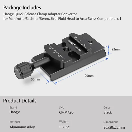 Vista 9 de Haoge CP-MA90 Adaptador de abrazadera QR de placa de liberación rápida para cabezal de video líquido Manfrotto para trípode seleccionado a