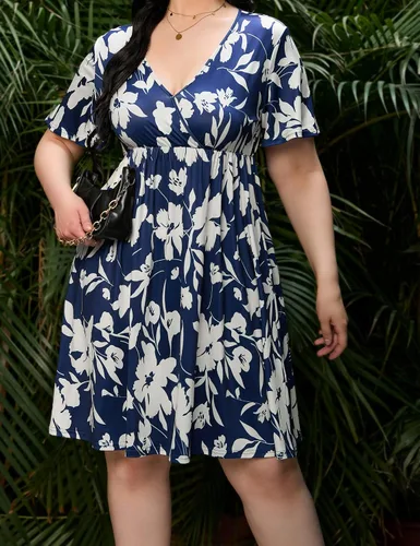 Vista 2 de ShopWonder Vestido de talla grande para mujer, con cuello en V, acampanado, largo hasta la rodilla, vestido de fiesta, minivestido de fiesta