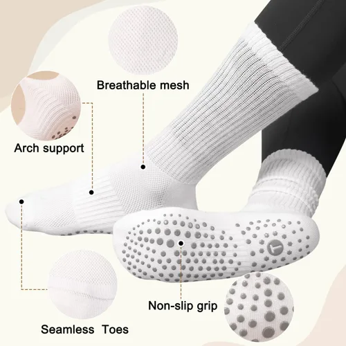 Vista 4 de Calcetines de Pilates Slouch Crew para mujer, calcetines de yoga con agarre antideslizante para barre ballet, baile, hospital, entrenamiento