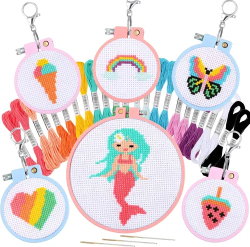 Vista 7 de Pllieay 5 kits de punto de cruz para principiantes para niños de 7 a 13 años, incluye 5 proyectos estampados y 5 aros de bordado cuadrados, 11