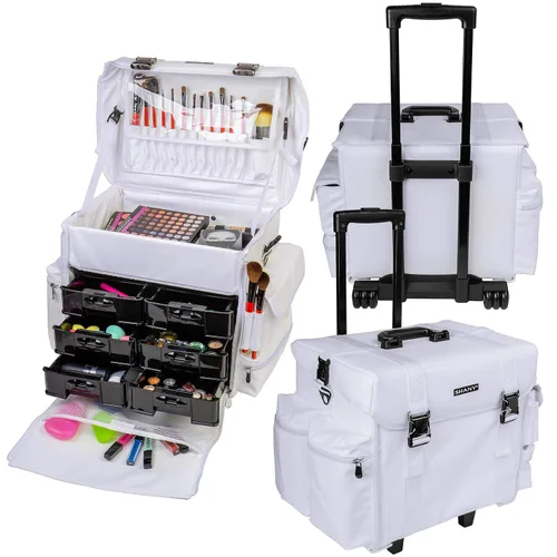 Vista 3 de Estuche de maquillaje blando con carrito SHANY Cosmetics, 2 compartimientos, color negro con 3 bolsas organizadoras de malla de regalo