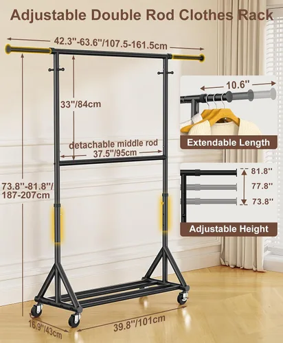 Vista 6 de Perchero resistente que carga 760 libras, perchero de doble nivel para colgar ropa con ruedas, perchero de metal de doble barra de 74 a 81 pulgadas