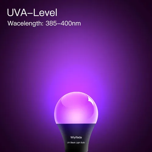 Vista 3 de Paquete de 2 bombillas LED negras, A19 de 9 W, luz negra UV que reemplaza hasta 100 W, 120 V, base E26, nivel UVA 385-400 nm, brilla en la oscuridad