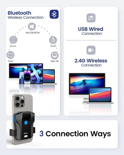 Vista 2 de Eyoyo Escáner de código de barras 2D para teléfono: Escáner portátil de código QR Bluetooth 1D con indicador de nivel de batería, lector de código