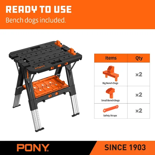 Vista 4 de Pony Portable Folding Work Table, Workbench & Sawhorse 2-in-1 Design, 31"x25"x25"-35" Height Adjustable, Heavy Duty, 4 Bench Dogs, for Woodworkers
