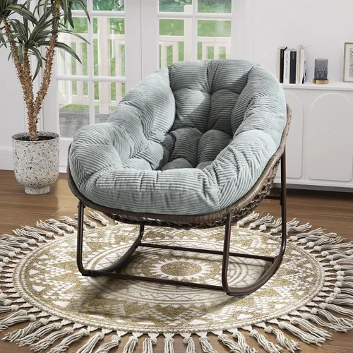 Vista 14 de Mecedora para patio al aire libre, silla mecedora de huevos de ratán para interiores, cómoda silla Papasan de gran tamaño con cojín más grueso
