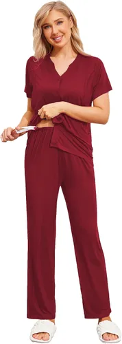 Vista 2 de Ekouaer Conjunto de pijama de maternidad para mujer conjunto de pijama de doble capa con bolsillos