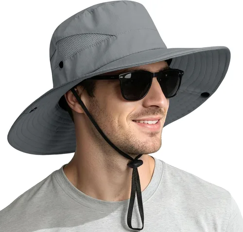Vista 8 de NPQQUAN Sun Hats for Men Women Wide Brim UPF 50+ UV Protection Bucket Hat Gris oscuro (con malla)