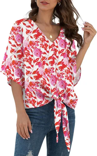 Vista 18 de VIISHOW Womens Tie Front Chiffon Blouses V Neck Batwing Short Sleeve Summer Tops Shirts Albaricoque