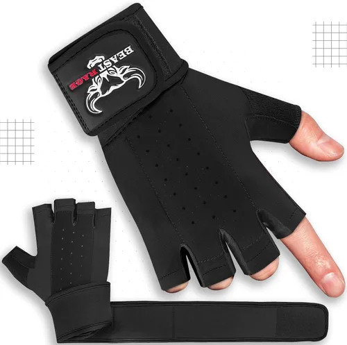 Vista 6 de BEAST RAGE Guantes de entrenamiento acolchados para hombres, correas largas para la muñeca estabilizan el agarre para adultos, guantes