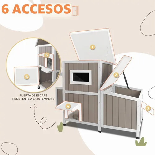 Vista 7 de Gowoodhut Casa para Gatos de Exterior de 36.1" de Largo, Refugio de Madera para Gatos de Exterior de 2 Pisos con 3 Puertas de Escape, Casa de Madera