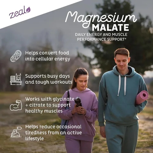 Vista 4 de Zeal Naturals Suplemento triple complejo de magnesio - glicinato, malato, citrato 400 mg, 180 cápsulas Magnesio quelado de alta absorción