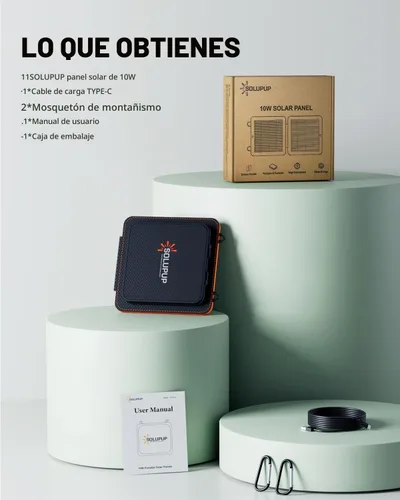 Vista 9 de SOLUPUP Paneles Solares, Cargador Solar Pequeño de 10W con USB-A de 5V y USB-C de Carga Rápida IPX5 Impermeable Plegable Panel Solar Portátil