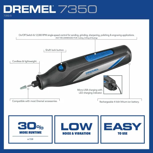 Vista 4 de Dremel 7350 Kit de herramientas rotativas inalámbricas de 4 V con 5 accesorios y batería recargable USB-C, velocidad única para tallar, grabar