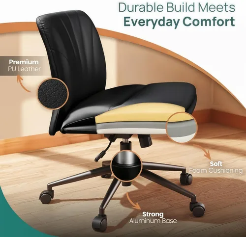 Vista 7 de NYPOT Silla de escritorio sin brazos con ruedas para sentarse entrecruzada, silla sin brazos anchos con patas cruzadas, taburete giratorio ajustable