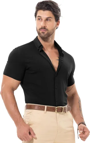 Vista 5 de Askdeer Camisas de vestir musculosas para hombre, ajustadas, manga corta, elásticas, casuales, con botones