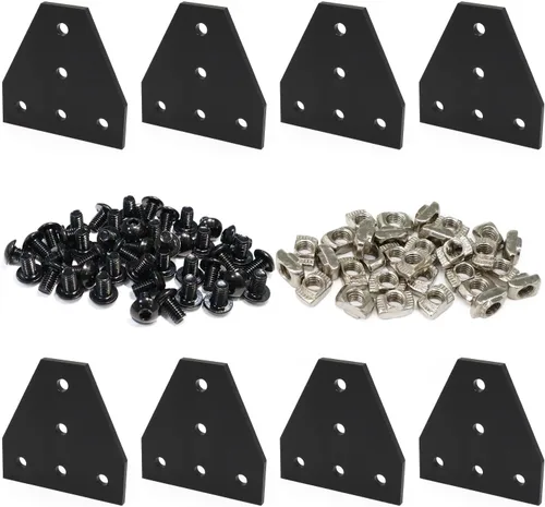 Vista 9 de 10 juegos de perfiles de extrusión de aluminio de la serie 2020, soportes en L de ángulo recto negro con tuercas y pernos de ranura en T M5