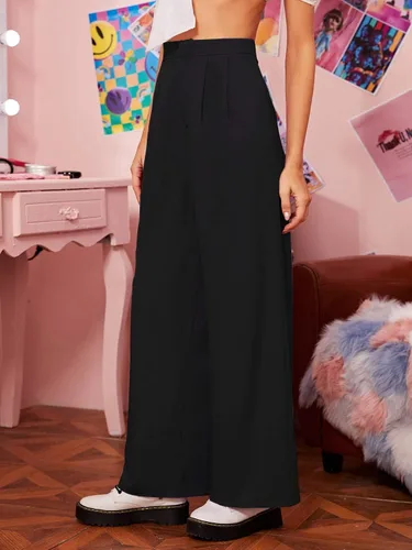 Vista 4 de Floerns Pantalones estilo palazzo de cintura alta plisados de pierna ancha para mujer