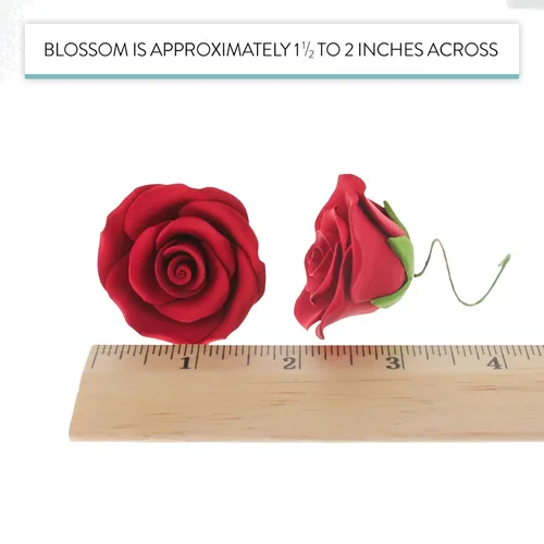 Vista 3 de Rosas de azúcar (12 unidades, grandes de 2 pulgadas) – Flores de goma de mascar con alambre con cáliz, rosas rojas para decoración de pasteles, por