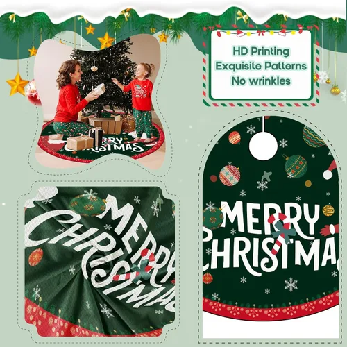 Vista 6 de Falda de árbol de Navidad redonda, decoraciones navideñas falda de árbol verde retro, falda de árbol de Navidad Feliz Navidad de 48 pulgadas, adorno