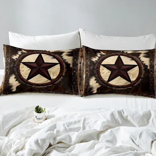 Vista 4 de Erosebridal Sábanas de cama de vaca tamaño individual para decoración rústica, sábana bajera ajustable de estrellas del oeste de Texas para vaquera