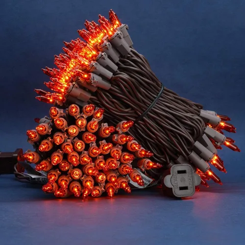 Vista 3 de 200 luces de Navidad naranjas, paquete de 2 hebras de 100 luces, 33 pies de cable marrón, luces de cadena de Halloween con certificación UL (naranja)