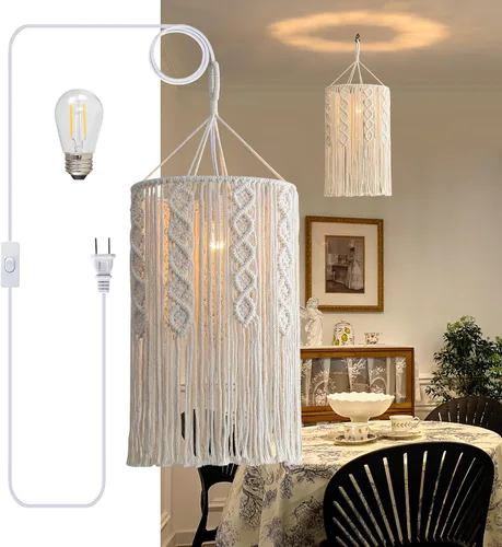 Vista 10 de Bioaqua Pantalla de Lámpara Colgante Boho, Luz Colgante de Macramé, Luminaria Boho Hecha a Mano con Cable de Enchufe para Hogar, Sala de Estar