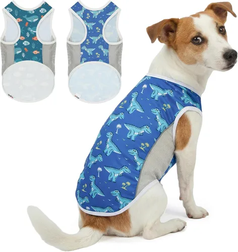 Vista 28 de Camiseta para perro con protección solar UPF 50+, paquete de 2 chalecos ligeros sin mangas para perros pequeños y niñas, tiras reflectantes, ropa