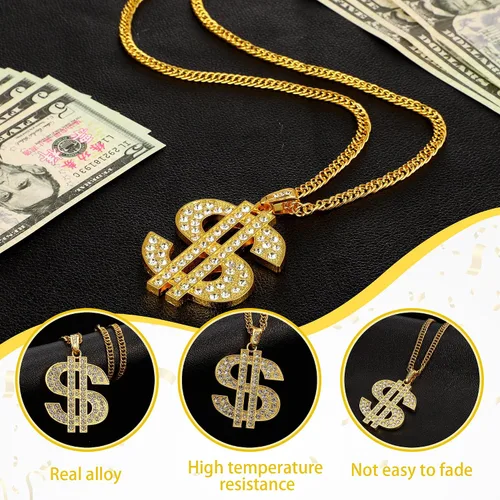 Vista 4 de Yinkin Collar de cadena de oro con colgante de signo de dólar para hombres, collar de rapero hip hop