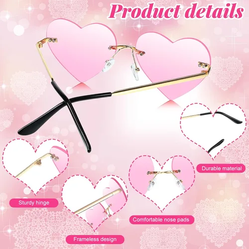 Vista 3 de 4 Pairs Heart Sunglasses Cute Rimless Sunglasses Metal Heart Glasses Clear Aesthetic Accessories for Women Girls