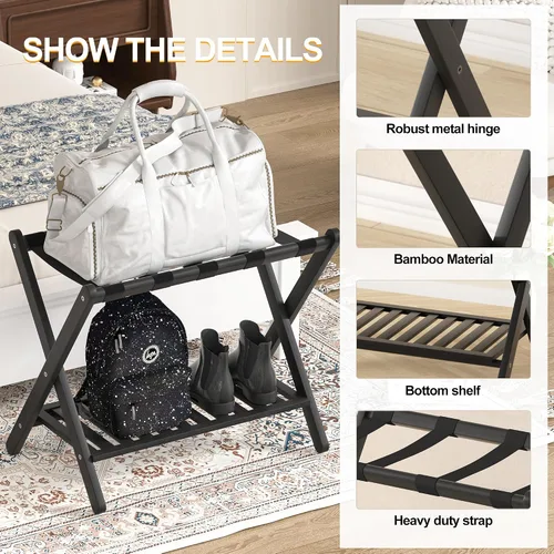 Vista 3 de Portaequipajes plegable con estante de almacenamiento para habitación de invitados Hotel Essentials de bambú sólido resistente soporte