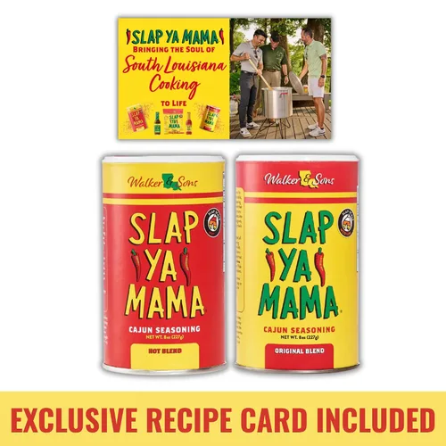Vista 4 de Slap Ya Mama condimento cajún de Louisiana, paquete de variedad de especias, latas de 8 onzas, 1 mezcla cajún original y 1 mezcla cajún picante